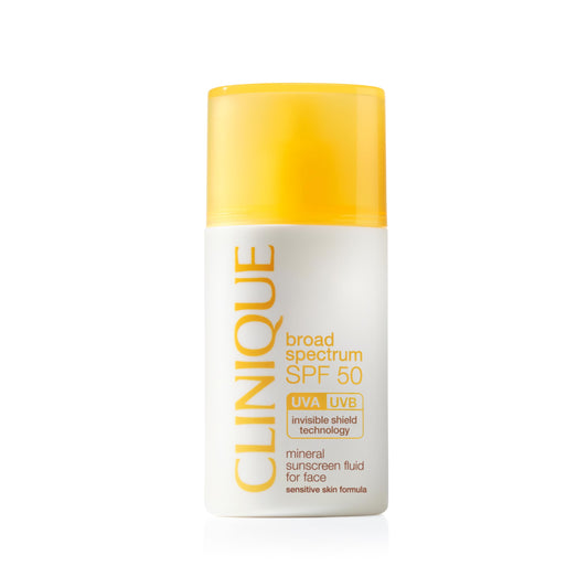 Clinique front packaging showing SPF 50 mineral sunscreen for face, clear protection