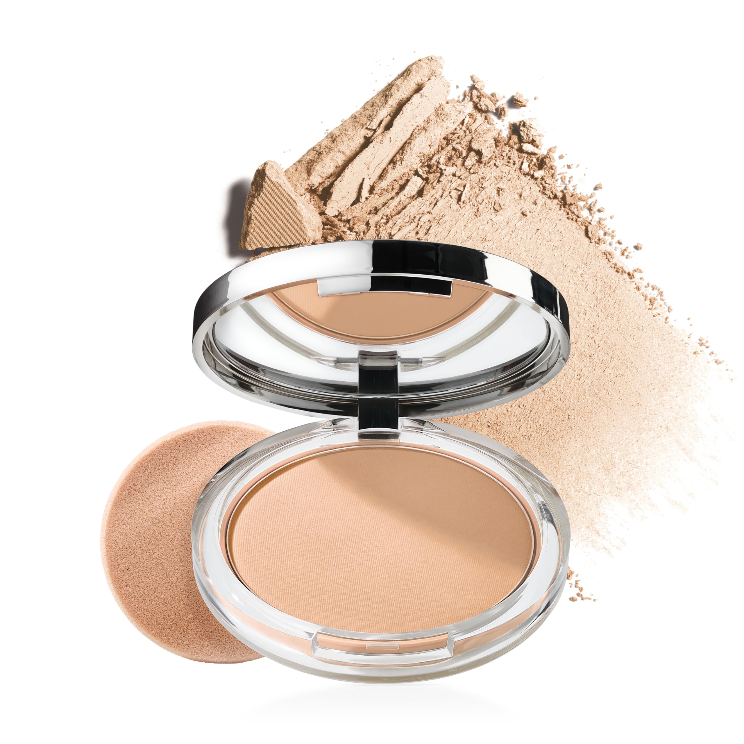 Clinique compact front view showing sleek case and powder for easy matte touch-ups