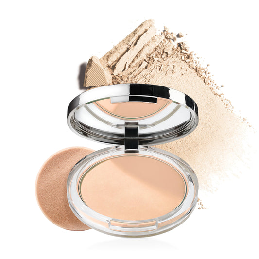 Clinique compact front view showing Stay-Matte powder and applicator for quick shine control