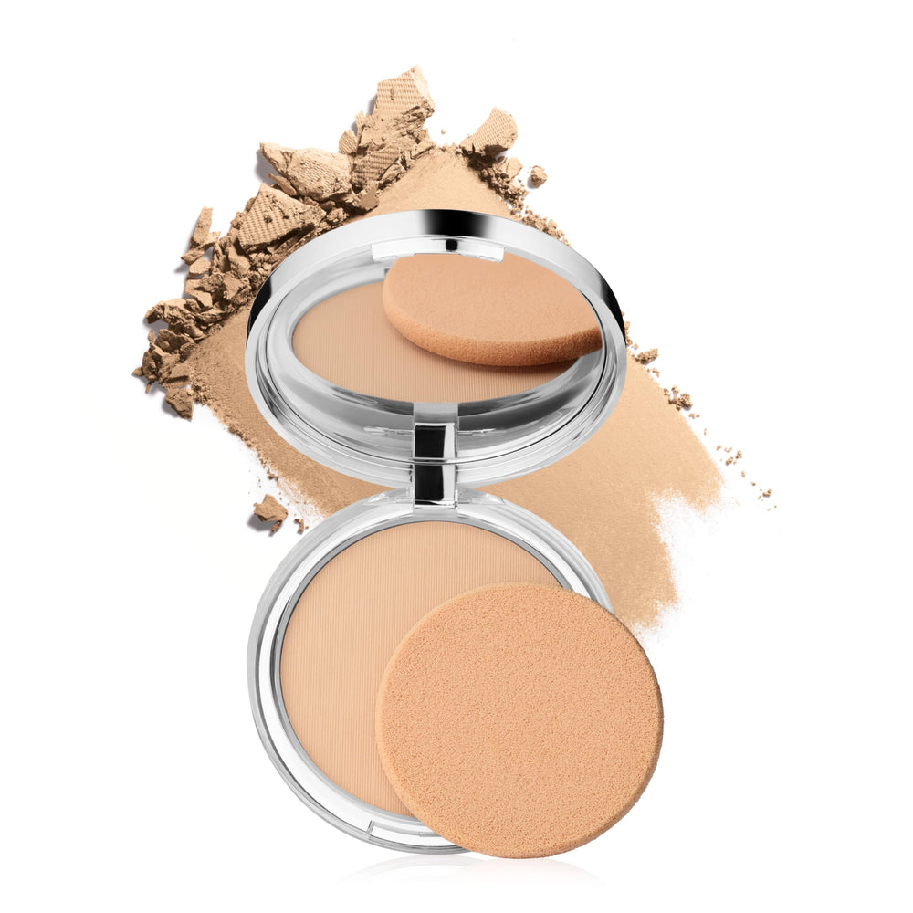 Clinique Superpowder Double Face compact front view showing neutral shade and sleek packaging for easy touch-ups