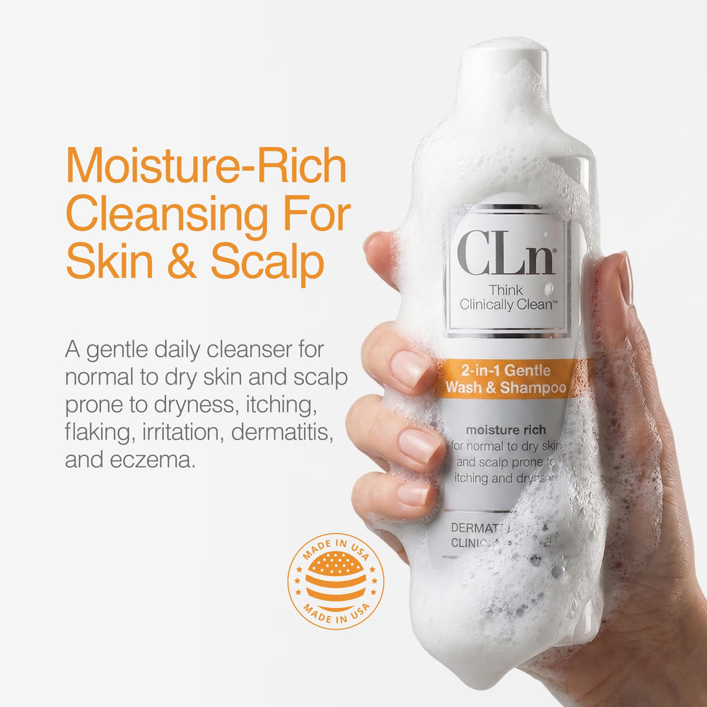 Person lathering CLn in shower showing head-to-toe use and soothing effect
