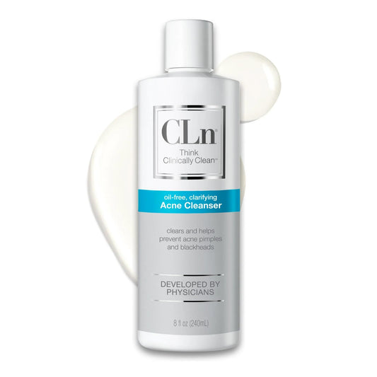CLn acne cleanser front packaging showing bottle and branding for clear skin