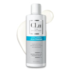 CLn acne cleanser front packaging showing bottle and branding for clear skin