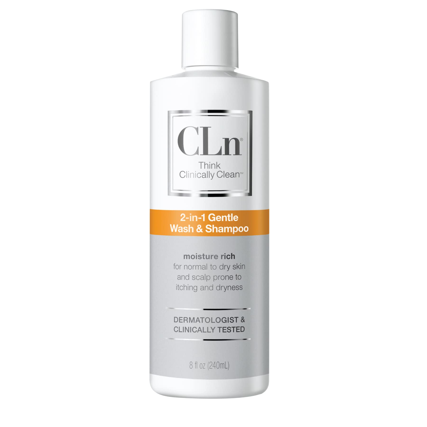 CLn bottle staged on bathroom shelf conveying gentle daily routine