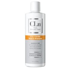 CLn bottle staged on bathroom shelf conveying gentle daily routine