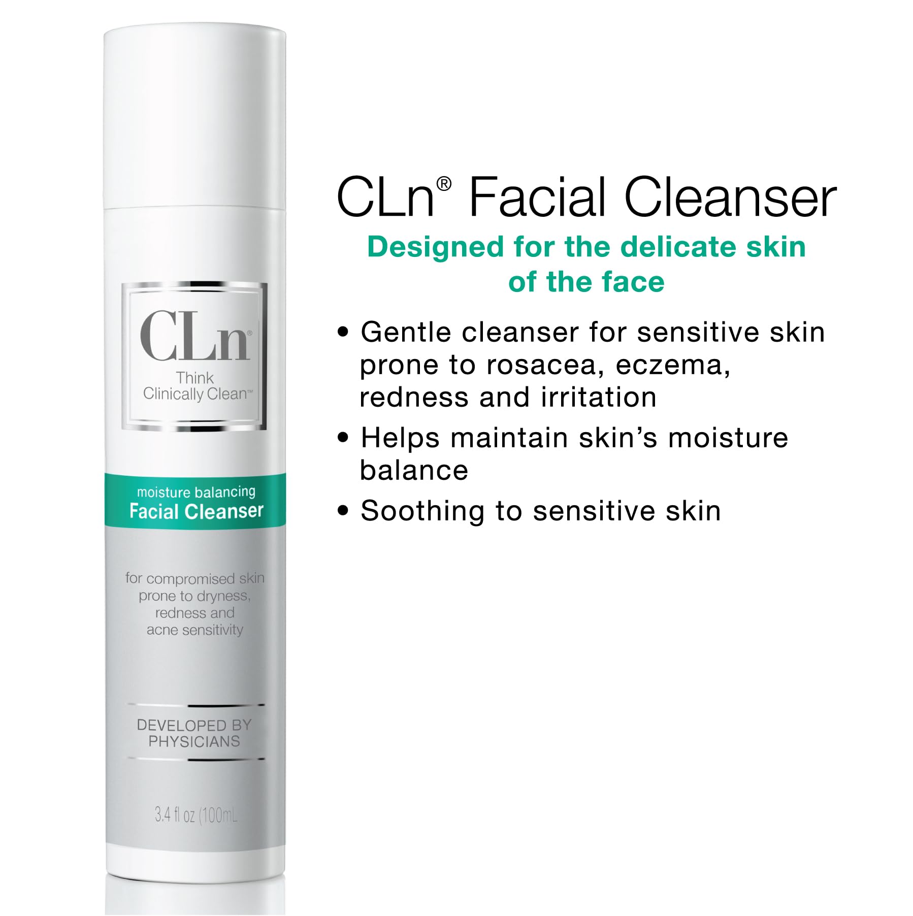 CLn cleanser next to ruler showing compact 3.4 fl oz travel-friendly size