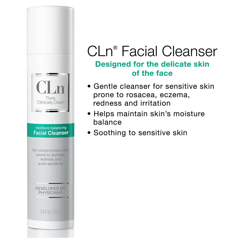 CLn cleanser next to ruler showing compact 3.4 fl oz travel-friendly size