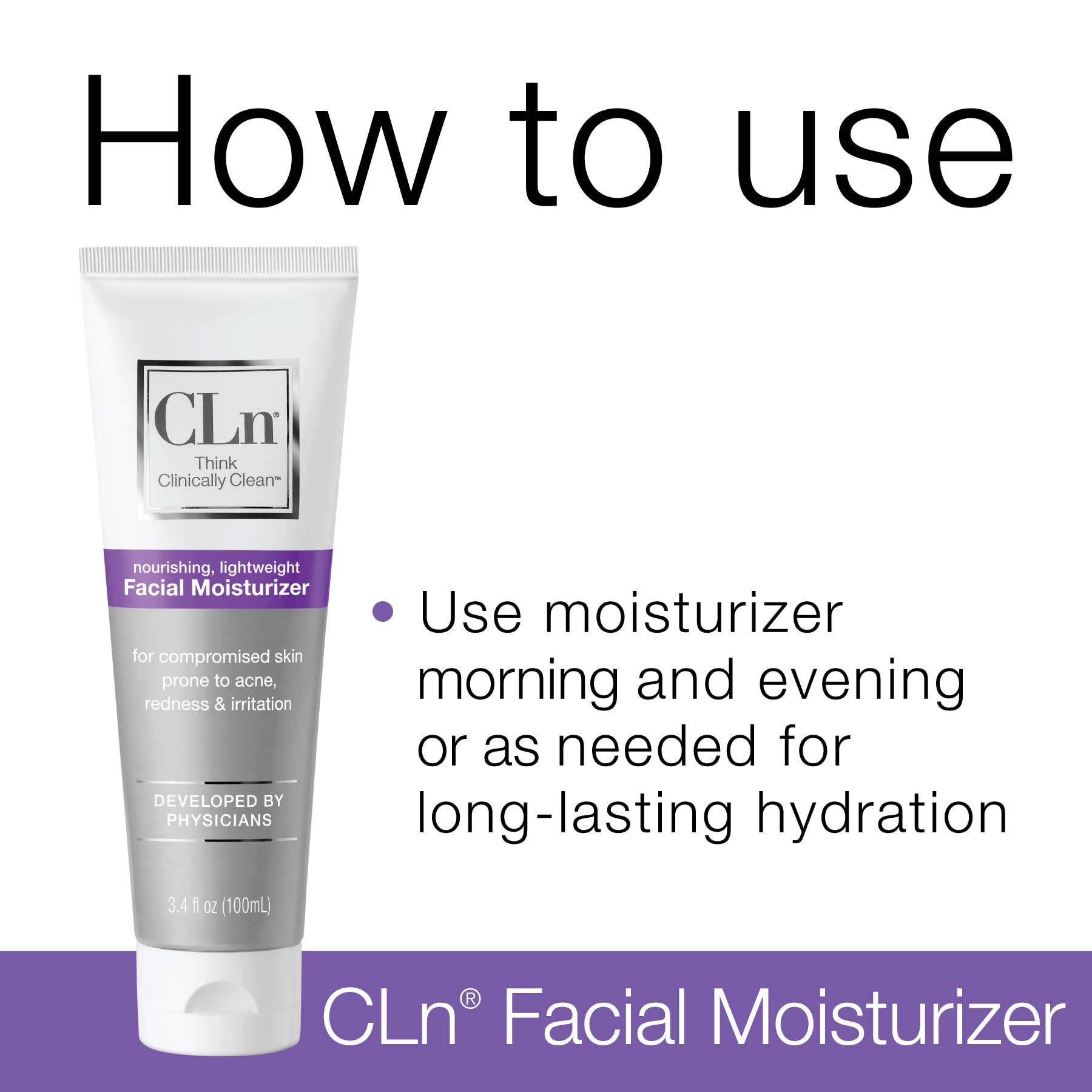 CLn tube held in hand to show 3.4 oz size and travel-friendly benefit