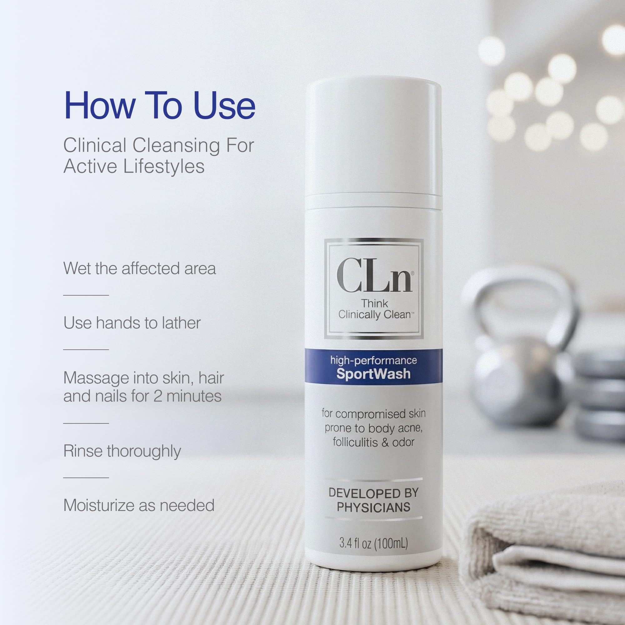 person using CLn SportWash in shower after workout promoting hygiene