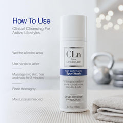 person using CLn SportWash in shower after workout promoting hygiene