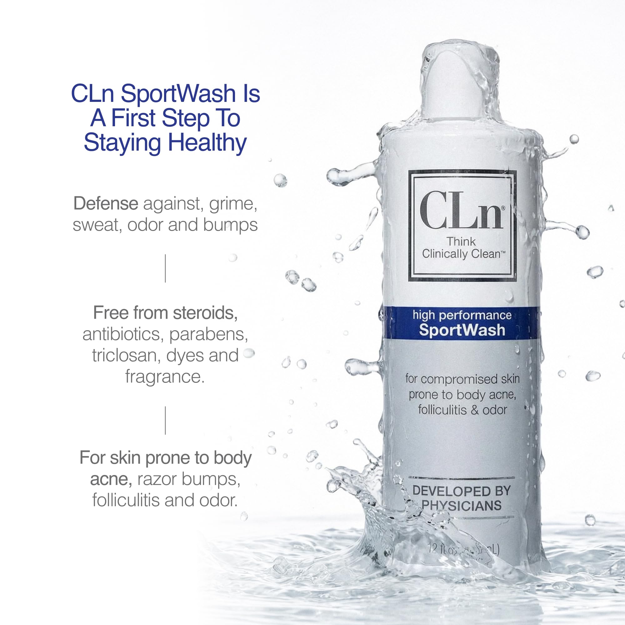 CLn SportWash label detail showing key ingredients and free-from benefits