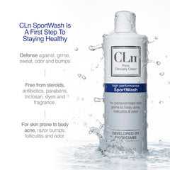 CLn SportWash label detail showing key ingredients and free-from benefits
