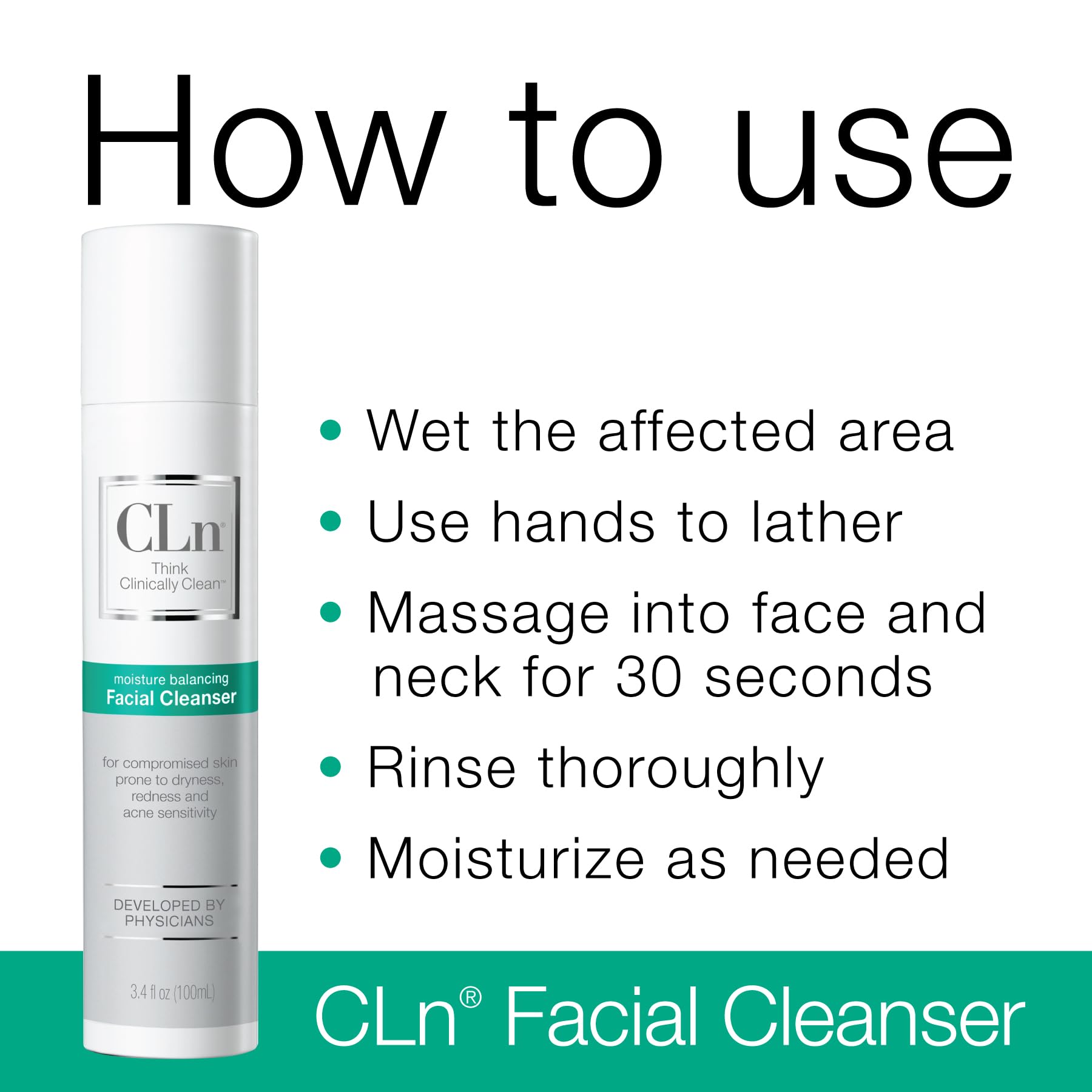 CLn cleanser on bathroom shelf indicating convenient travel and daily use