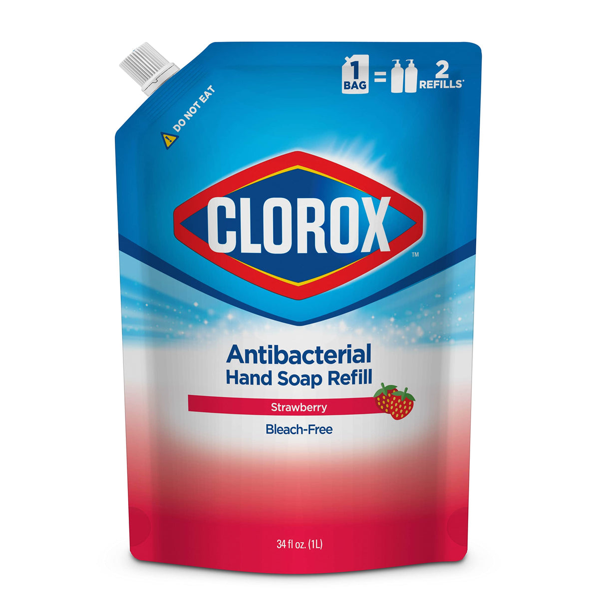 Clorox strawberry front packaging showing bottle and scent, invites regular handwashing