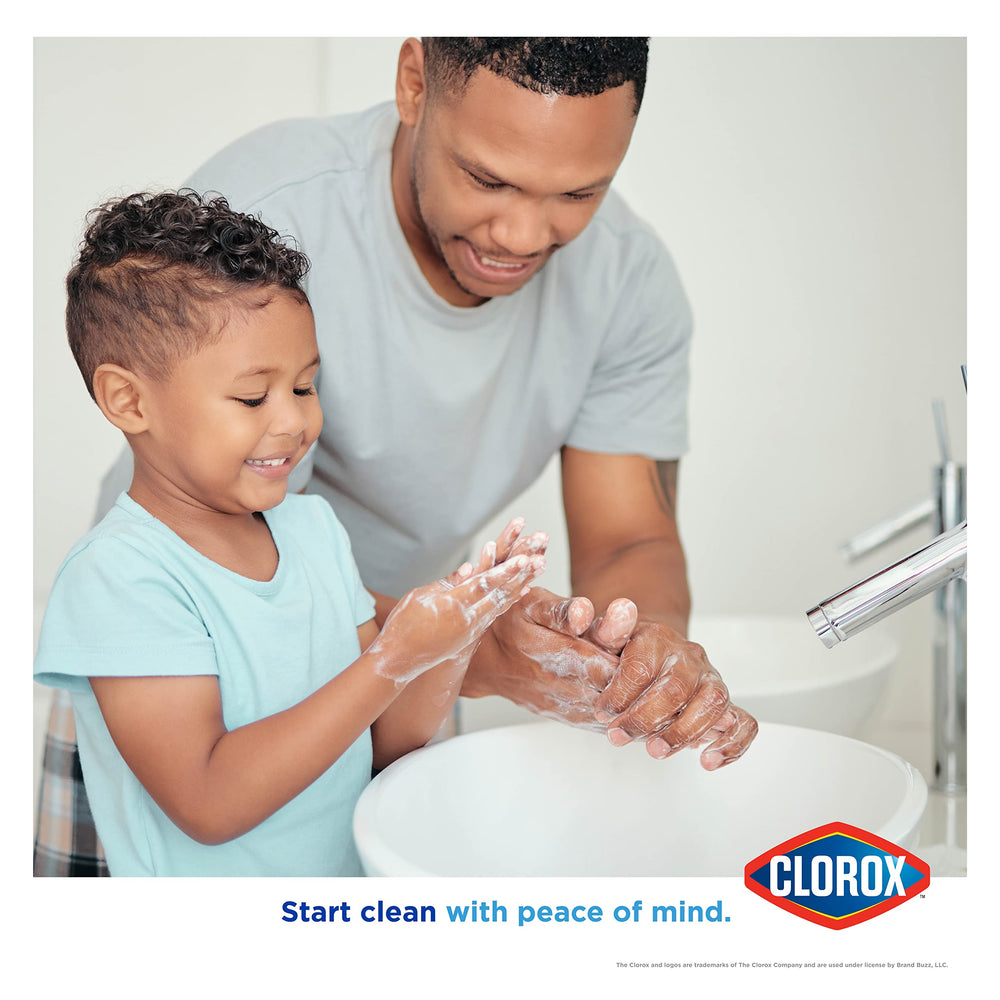 Clorox strawberry dispenser on kitchen sink, keeps family hands clean after food prep