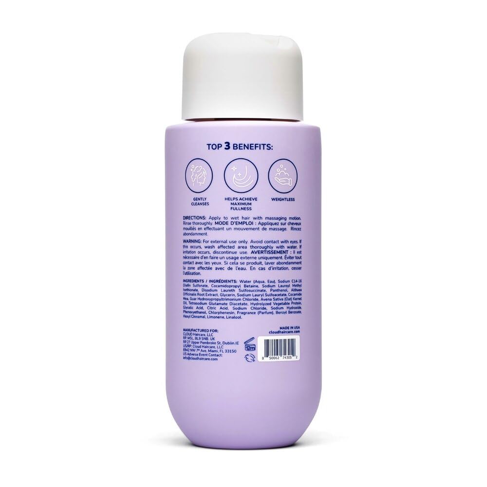 Cloud Haircare label close-up highlighting product name and volumizing features