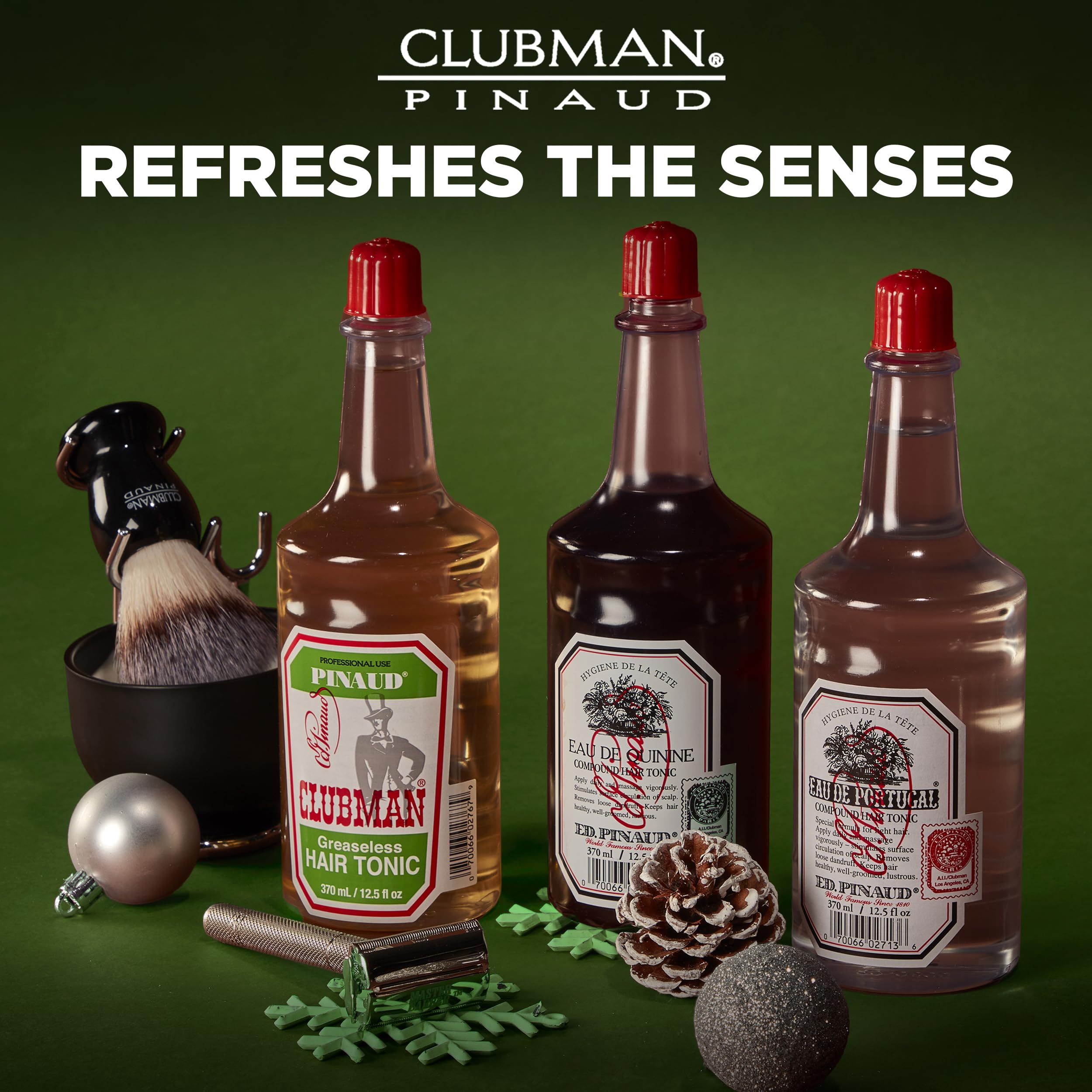 Clubman Pinaud bottle beside everyday items showing 12.5 fl oz travel-friendly size