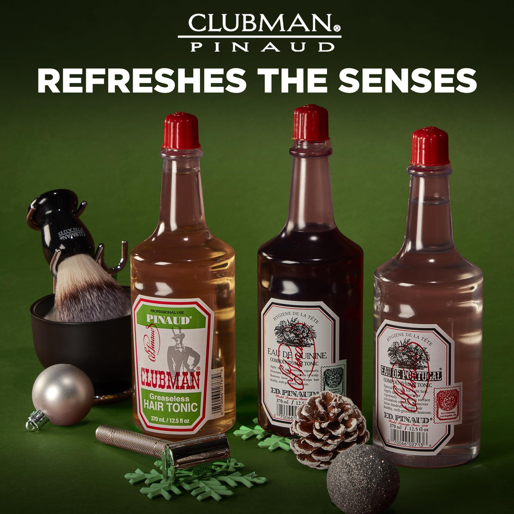 Clubman Pinaud bottle beside everyday items showing 12.5 fl oz travel-friendly size