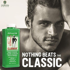 Clubman Pinaud open jar showing flesh-tone powder texture for easy quick absorption