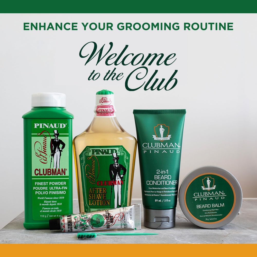 Clubman Pinaud label close-up displaying ingredient callouts and alcohol-free benefit