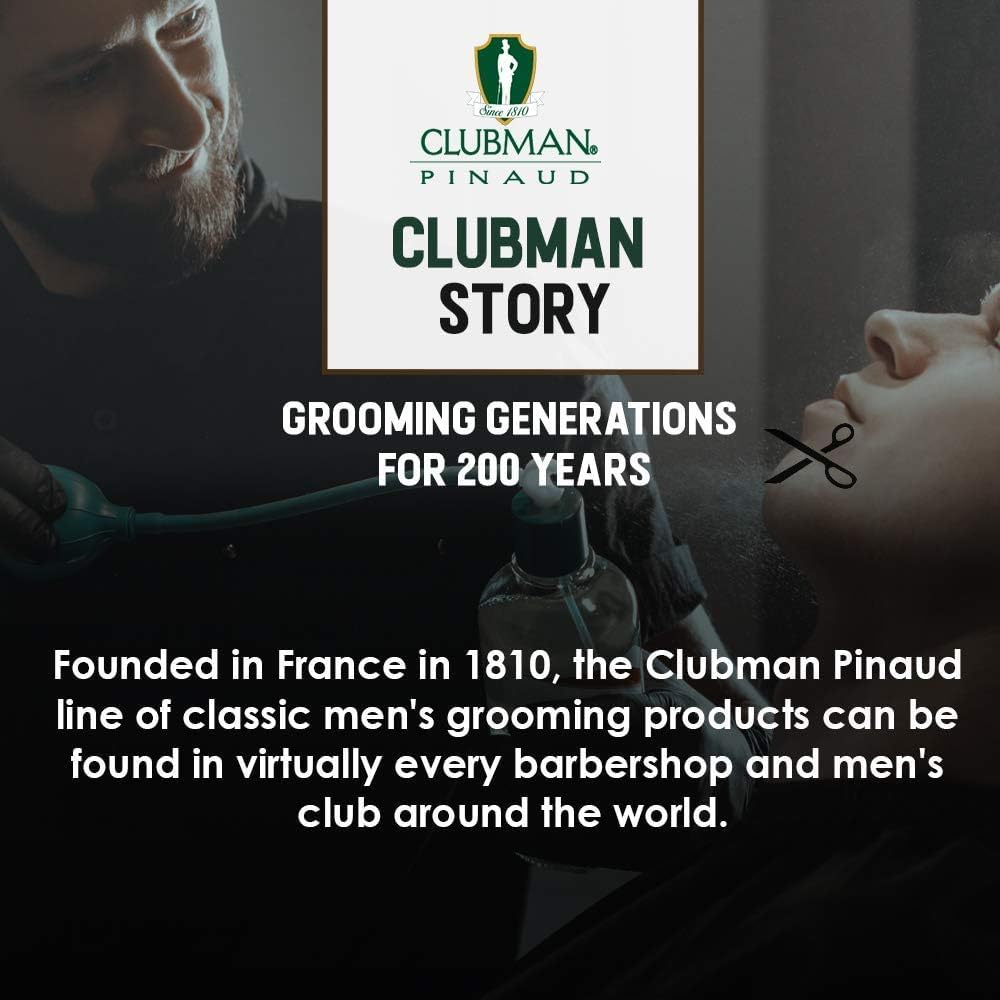 Clubman Pinaud jar beside hand to show 9 oz scale and long-lasting supply benefit