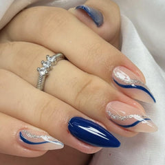 clvpai front packaging showing 24-piece navy blue almond nails and tools for quick application