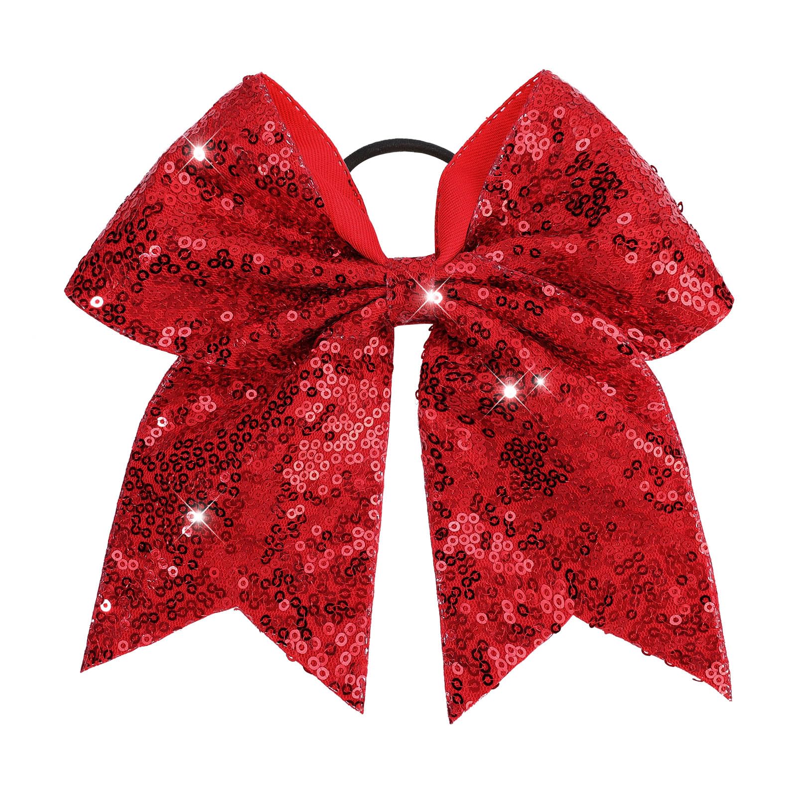CN front view of red glitter cheer bow showing shine and bold look