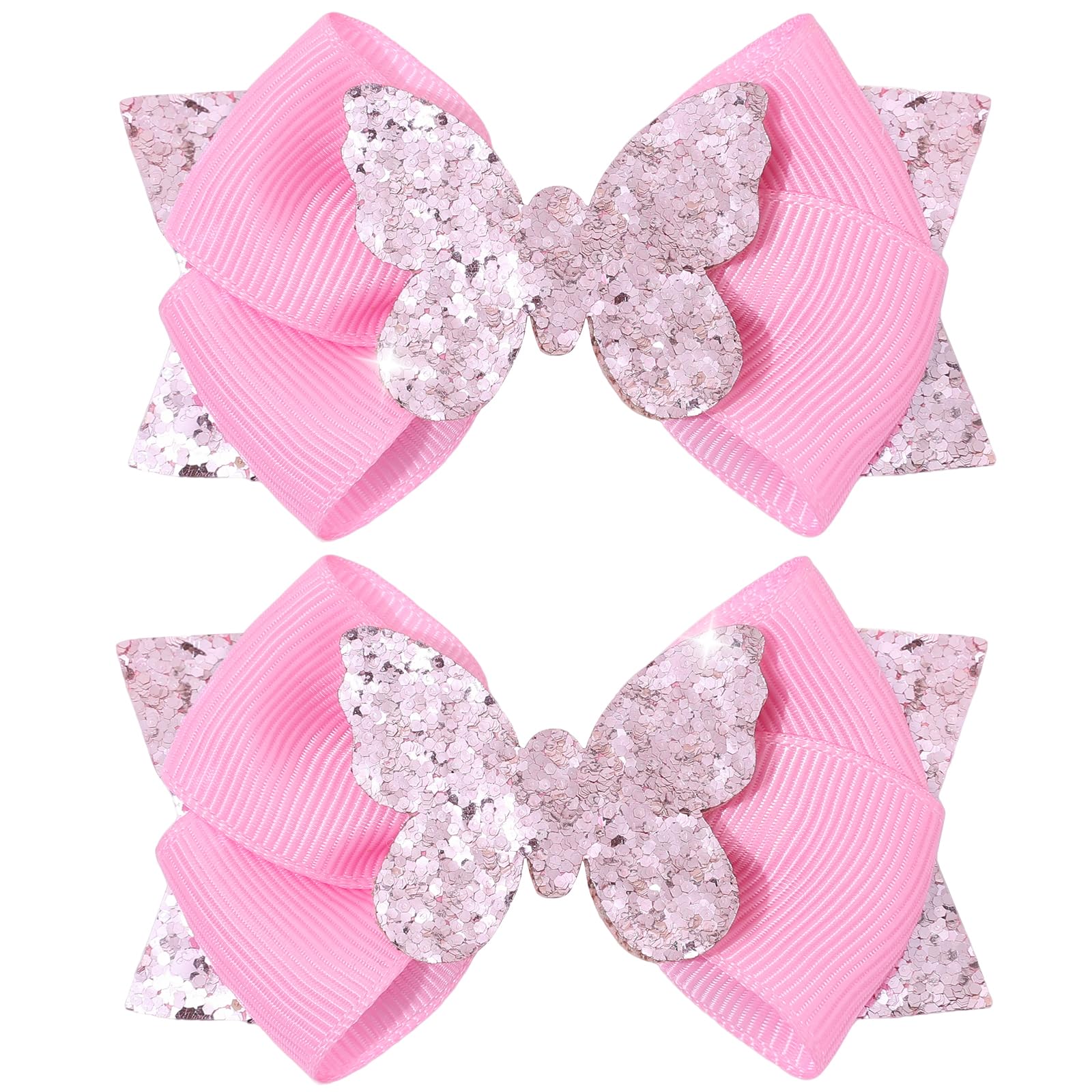 CN front view of two pink glitter butterfly bows showing shine and gifting appeal