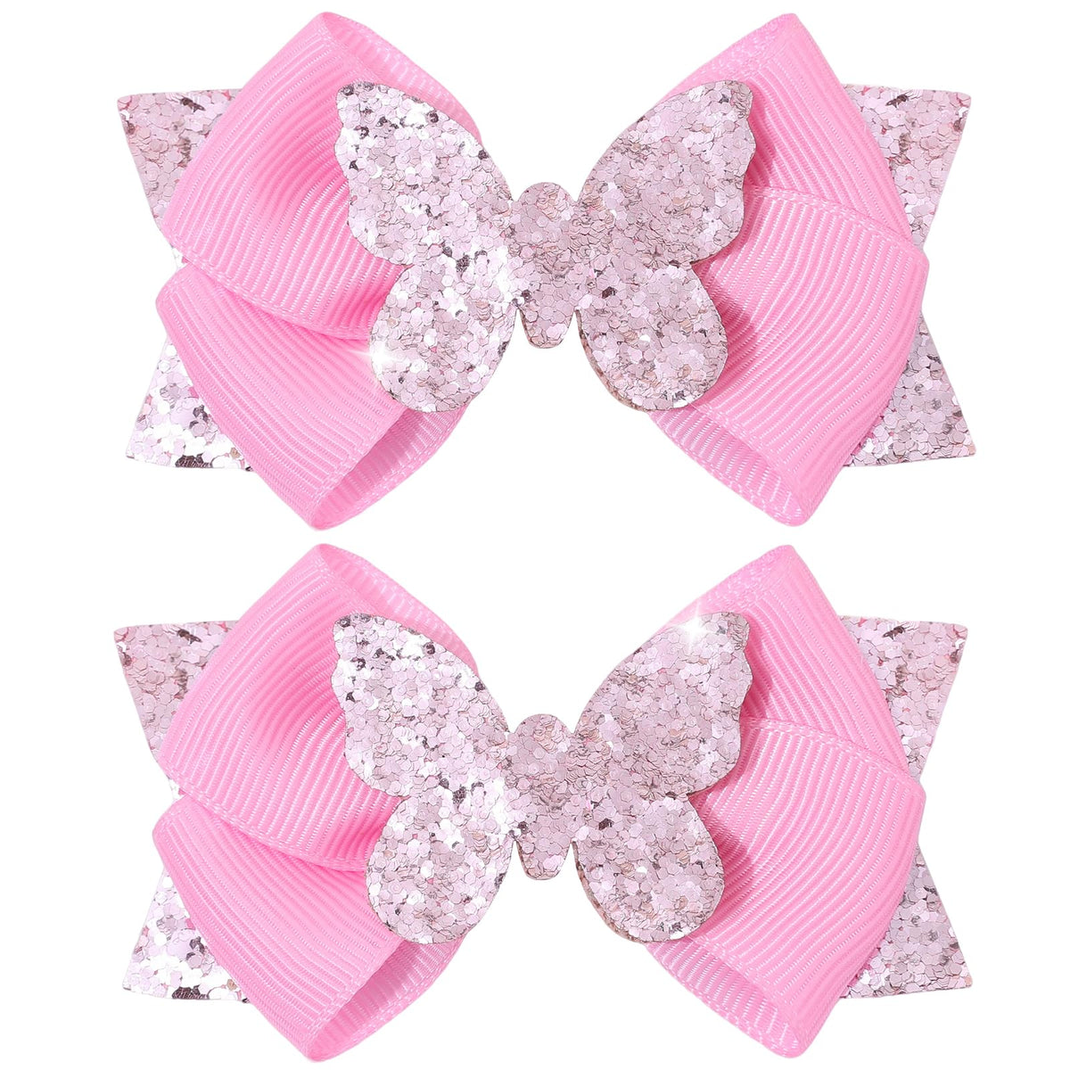 CN front view of two pink glitter butterfly bows showing shine and gifting appeal