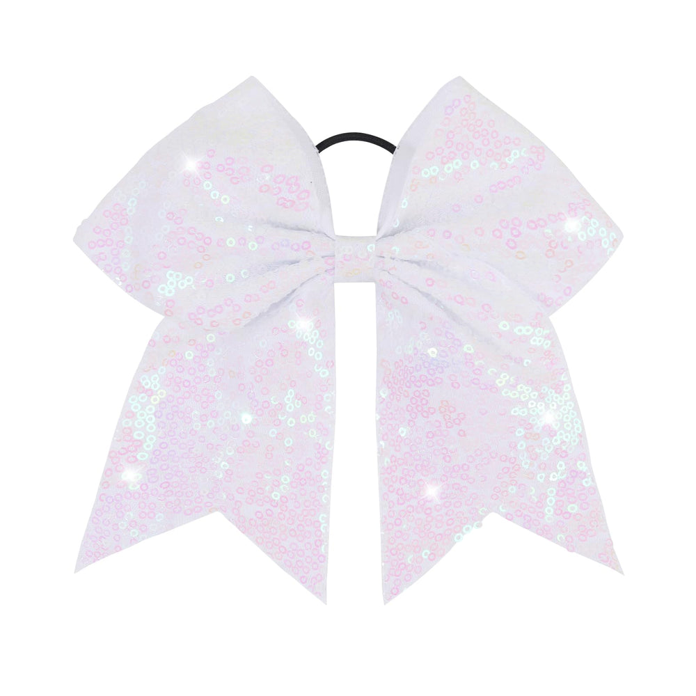 CN white glitter bow front view showing bold sparkle and team visibility