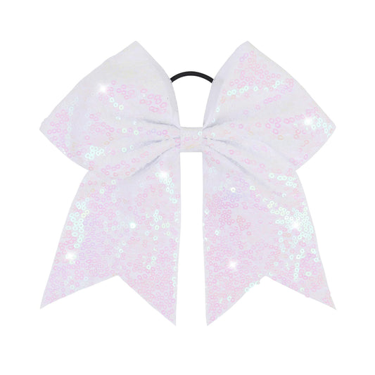 CN white glitter bow front view showing bold sparkle and team visibility