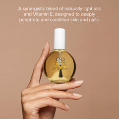 CND SolarOil label close-up displaying ingredient blend and product clarity benefit