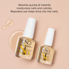 CND SolarOil texture close-up on fingertip, lightweight absorption benefit