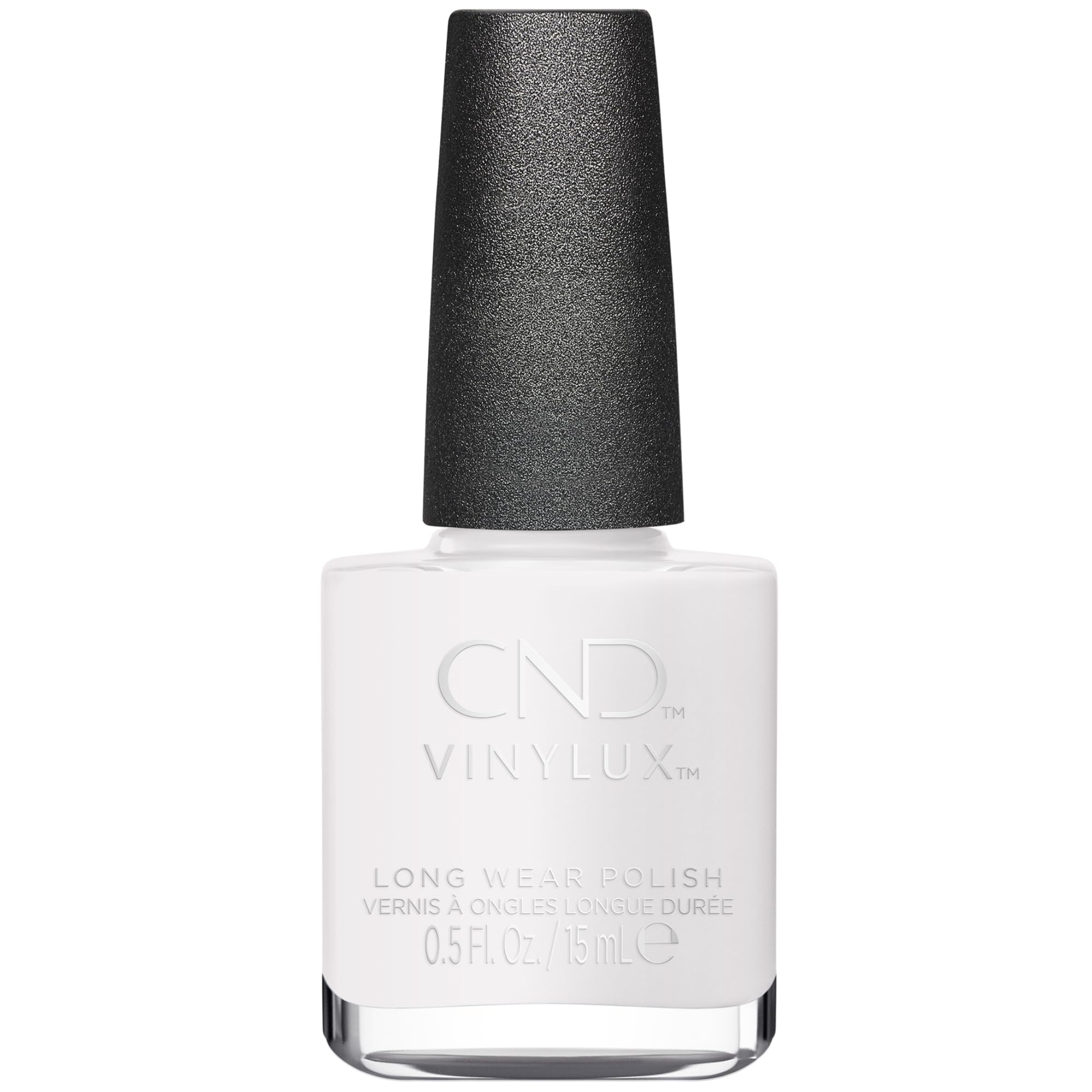 CND Vinylux bottle front view showing Cream Puff white polish, crisp professional look