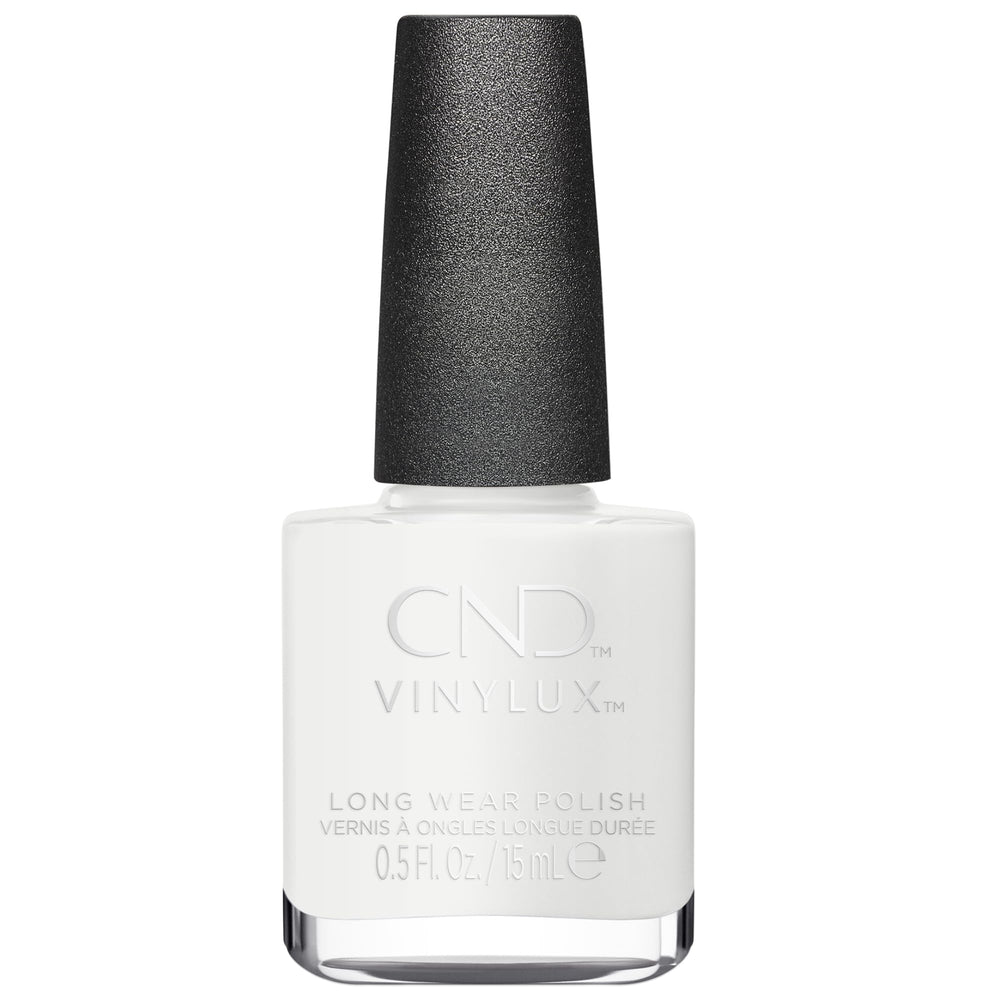 CND Vinylux front bottle showing Studio White polish and glossy finish benefit
