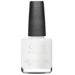 CND Vinylux front bottle showing Studio White polish and glossy finish benefit