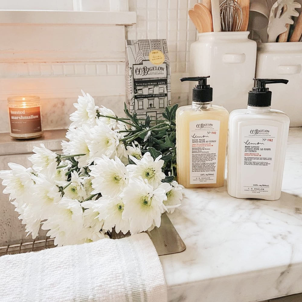 C. O. Bigelow bottle in a bathroom setting conveying stylish countertop use