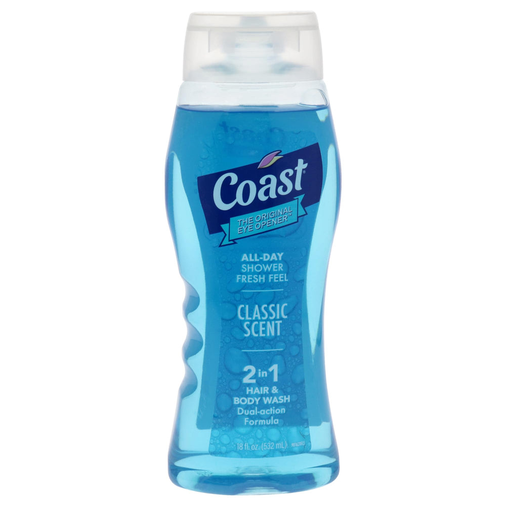 Coast 2-in-1 front packaging showing 18 fl oz bottle and slip-resistant grip for easy handling