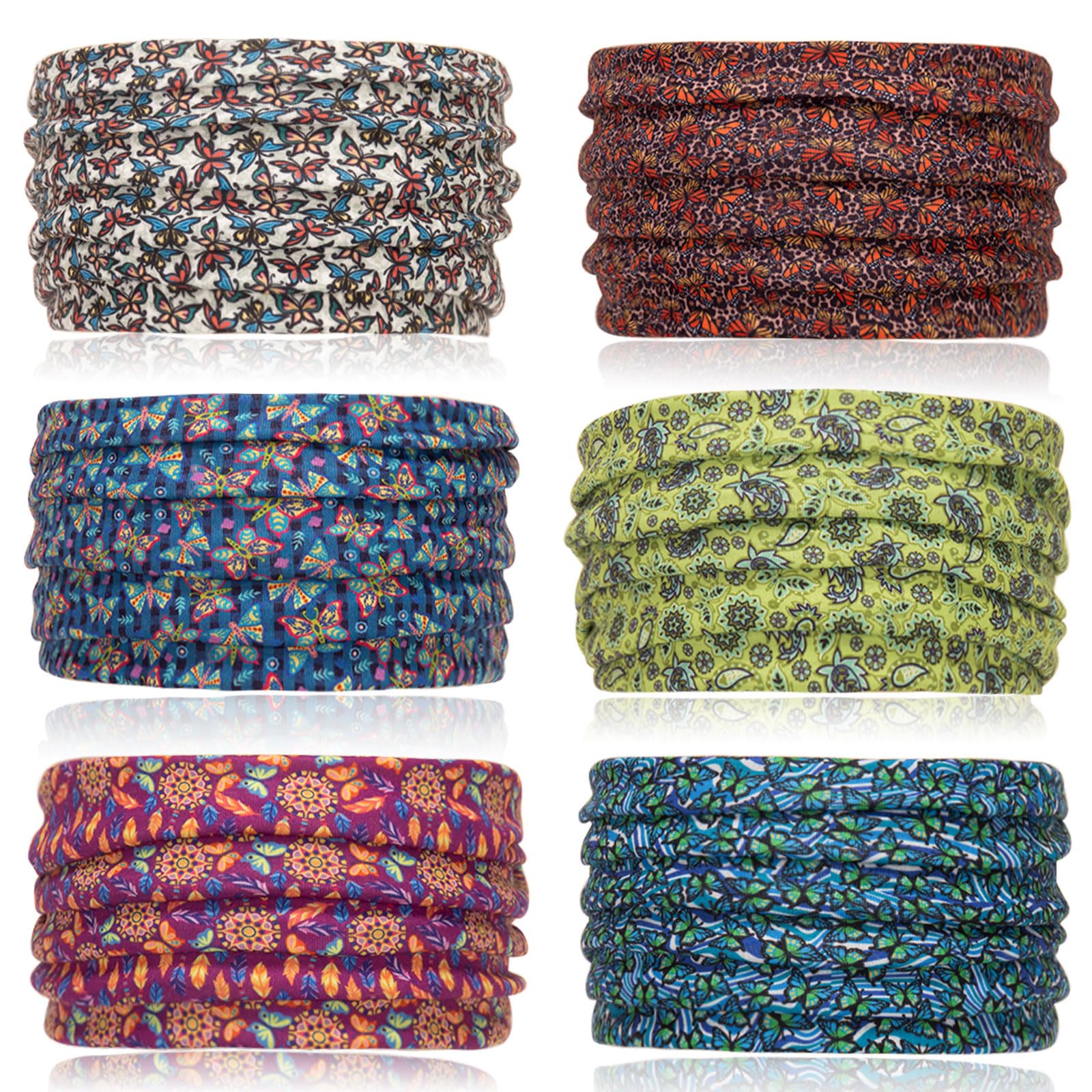 Cobahom front view of six butterfly-patterned headbands for versatile styling