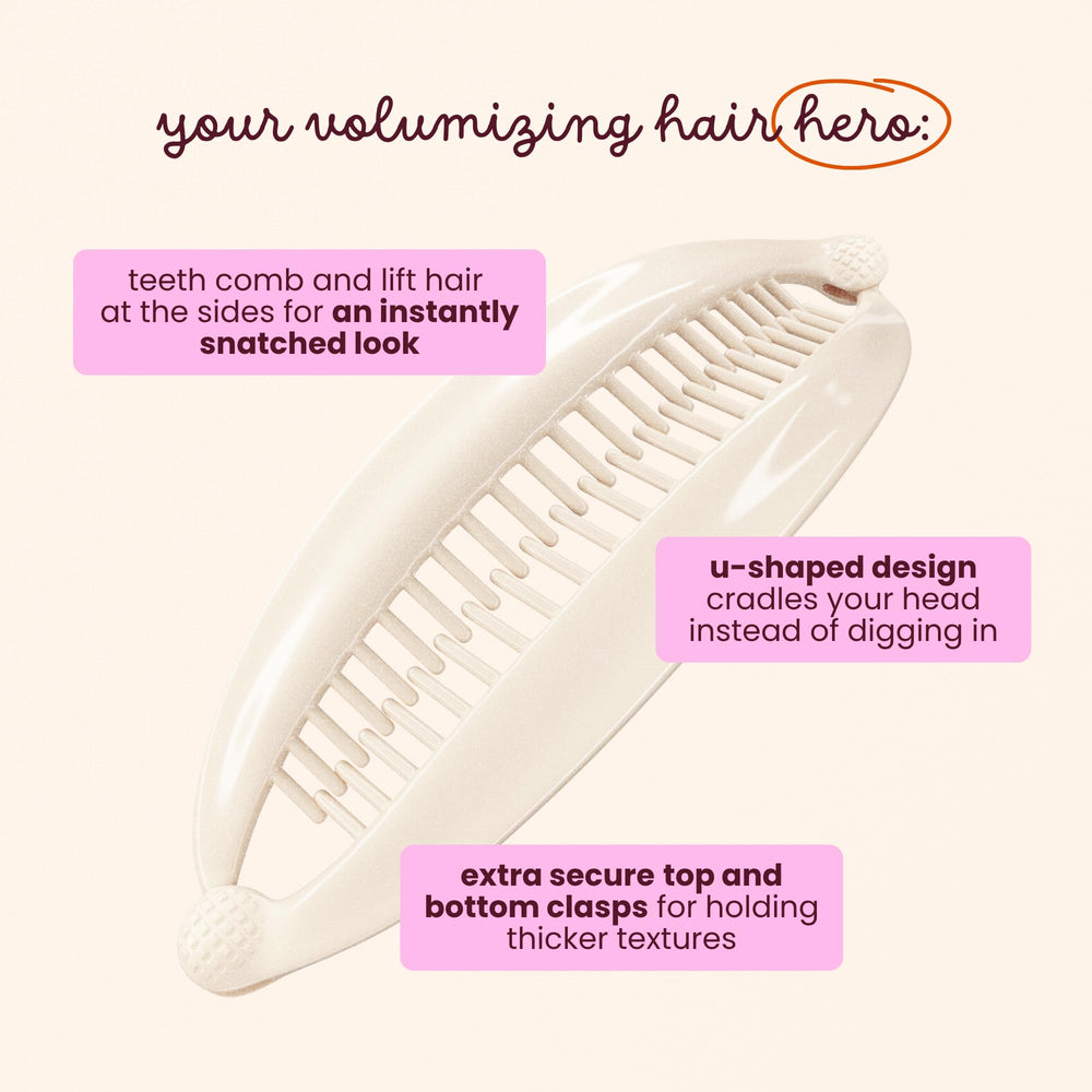 Cobana banana clip worn in voluminous updo demonstrating all-day hold benefit