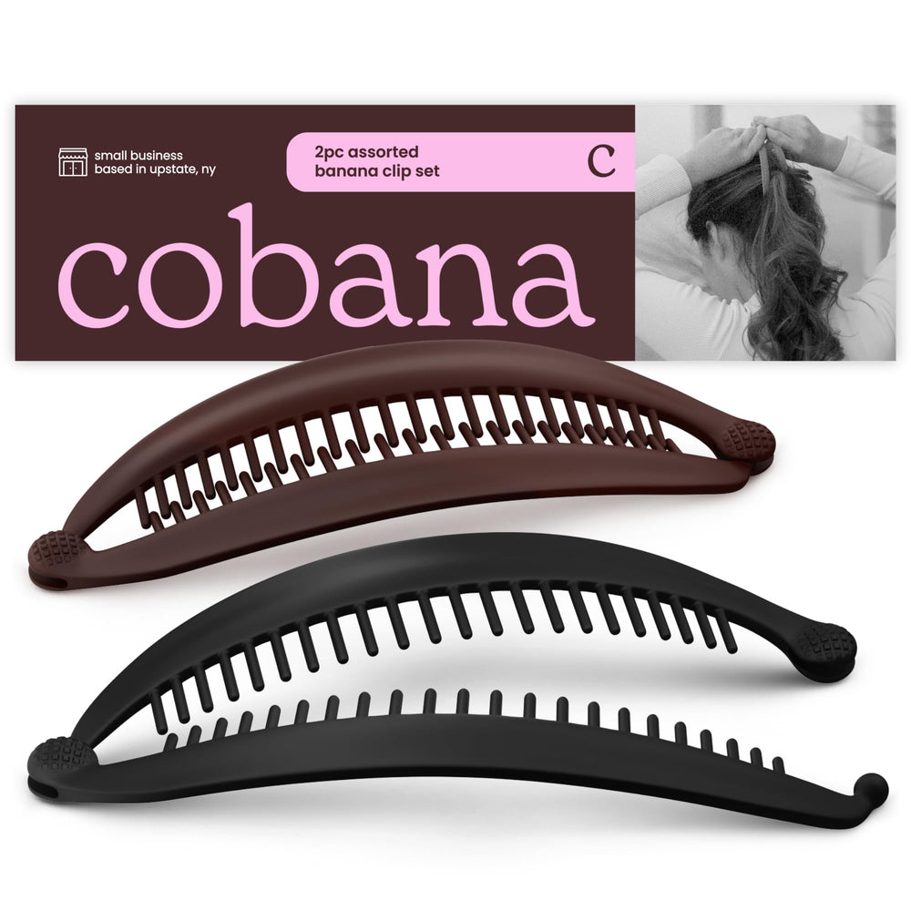 Cobana clip front view showing black and brown set and easy styling benefit