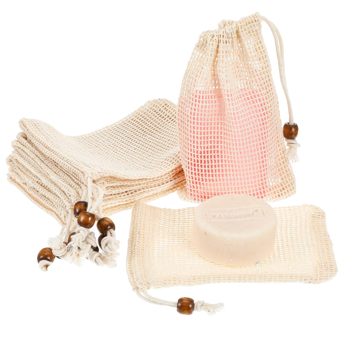 cobee front view showing ten beige cotton soap bags and packaging, practical storage benefit