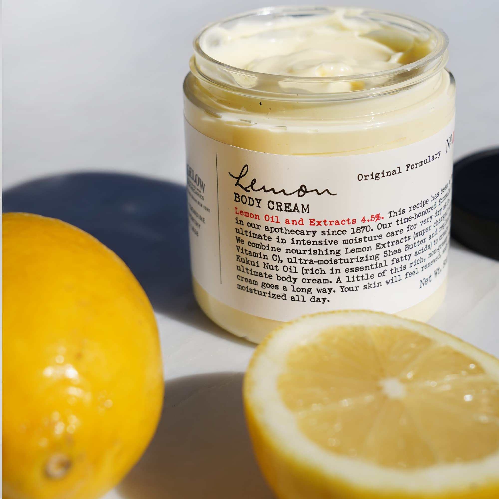 C. O. Bigelow lemon, kukui nuts and shea butter arranged to show nourishing ingredients