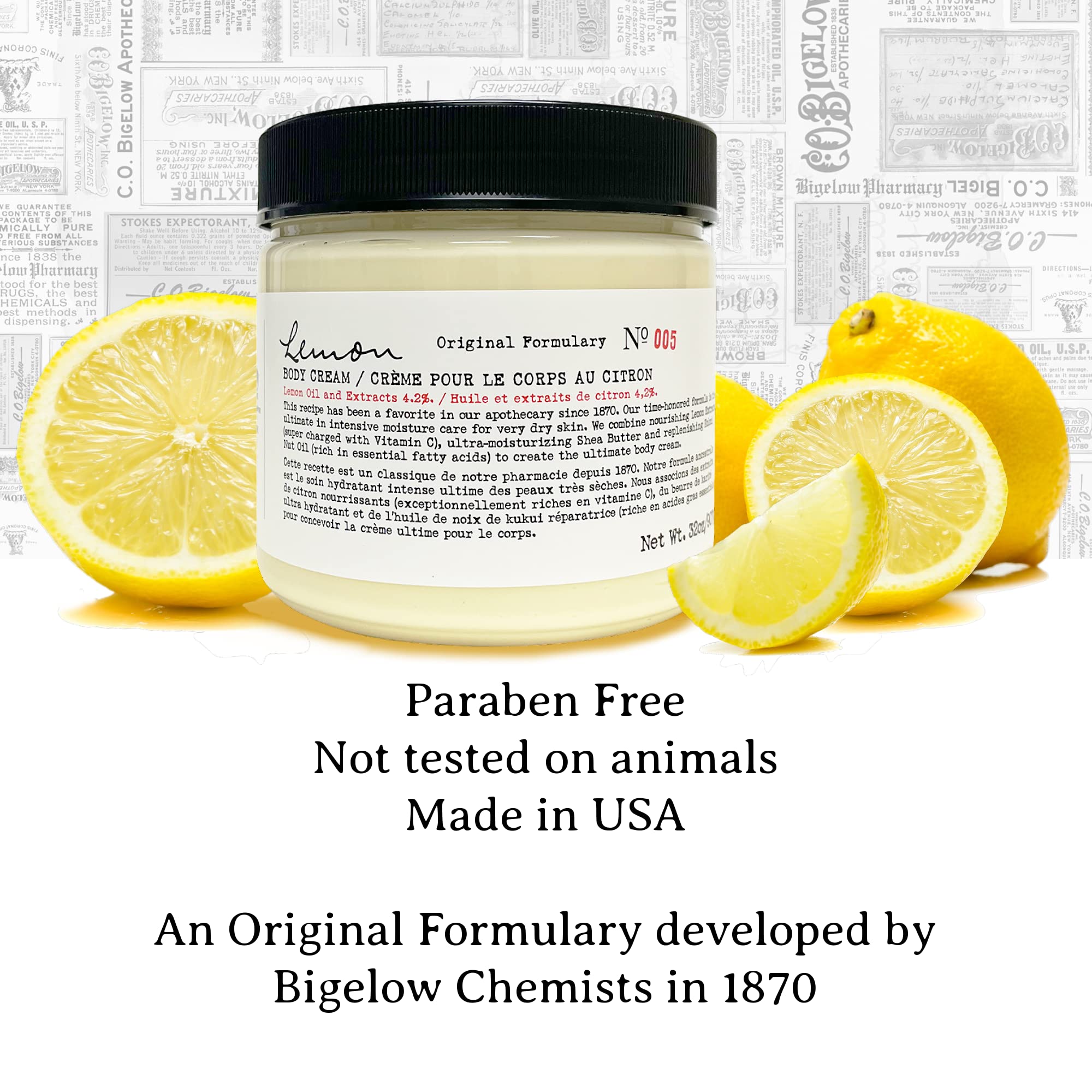 C. O. Bigelow label close-up highlighting lemon extract and shea butter benefits