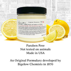 C. O. Bigelow label close-up highlighting lemon extract and shea butter benefits
