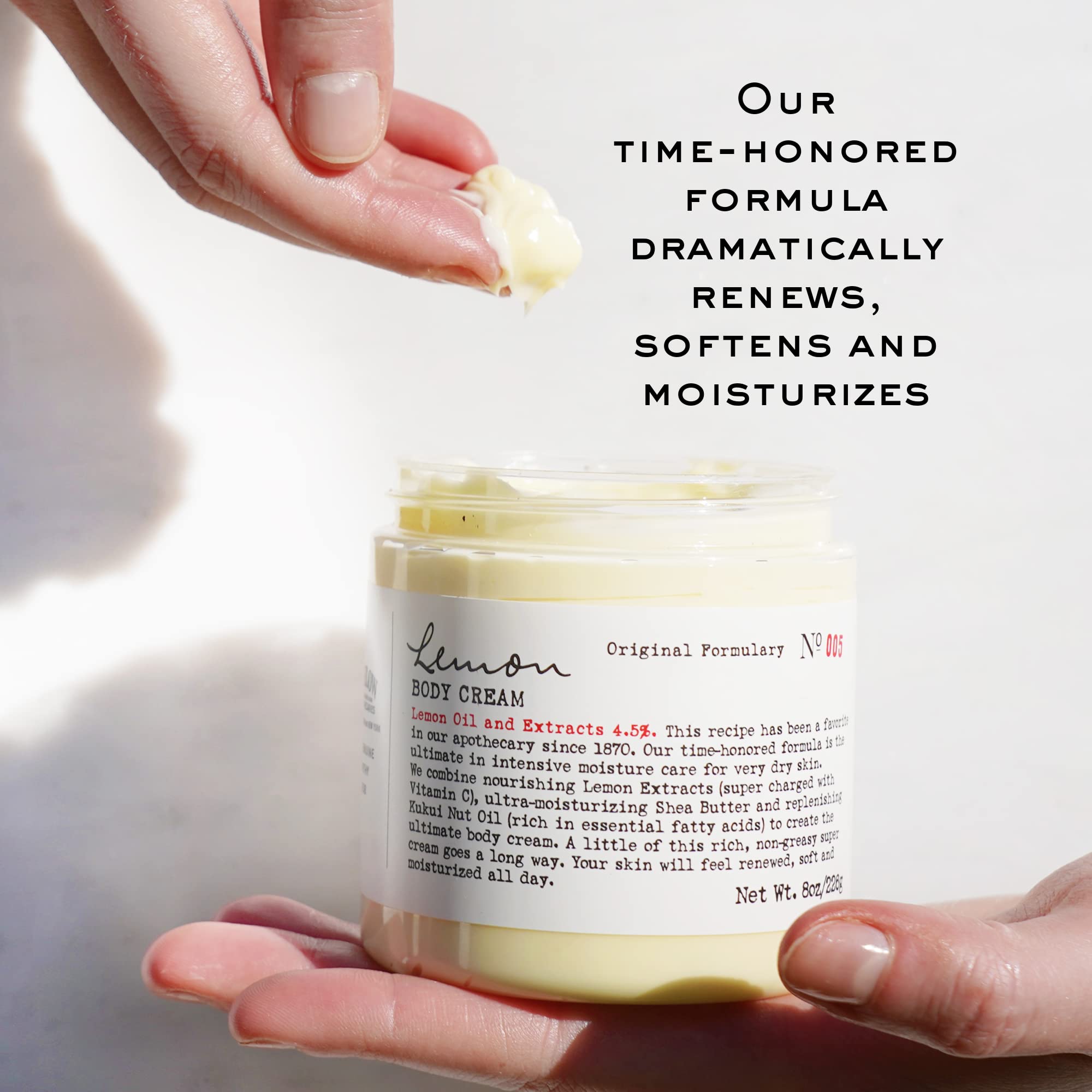 C. O. Bigelow cream on palm being smoothed in for fast moisturizing benefit