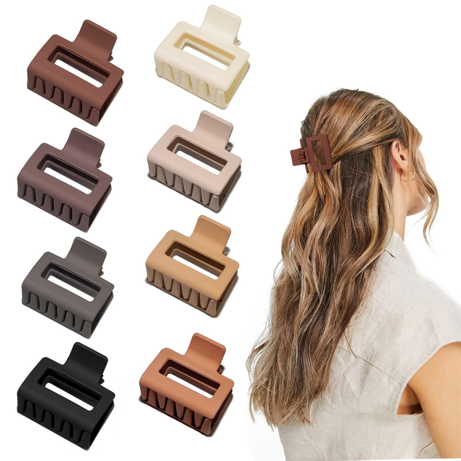 Cobinaan front view of eight matte rectangle claw clips showing warm color set and tidy storage benefit