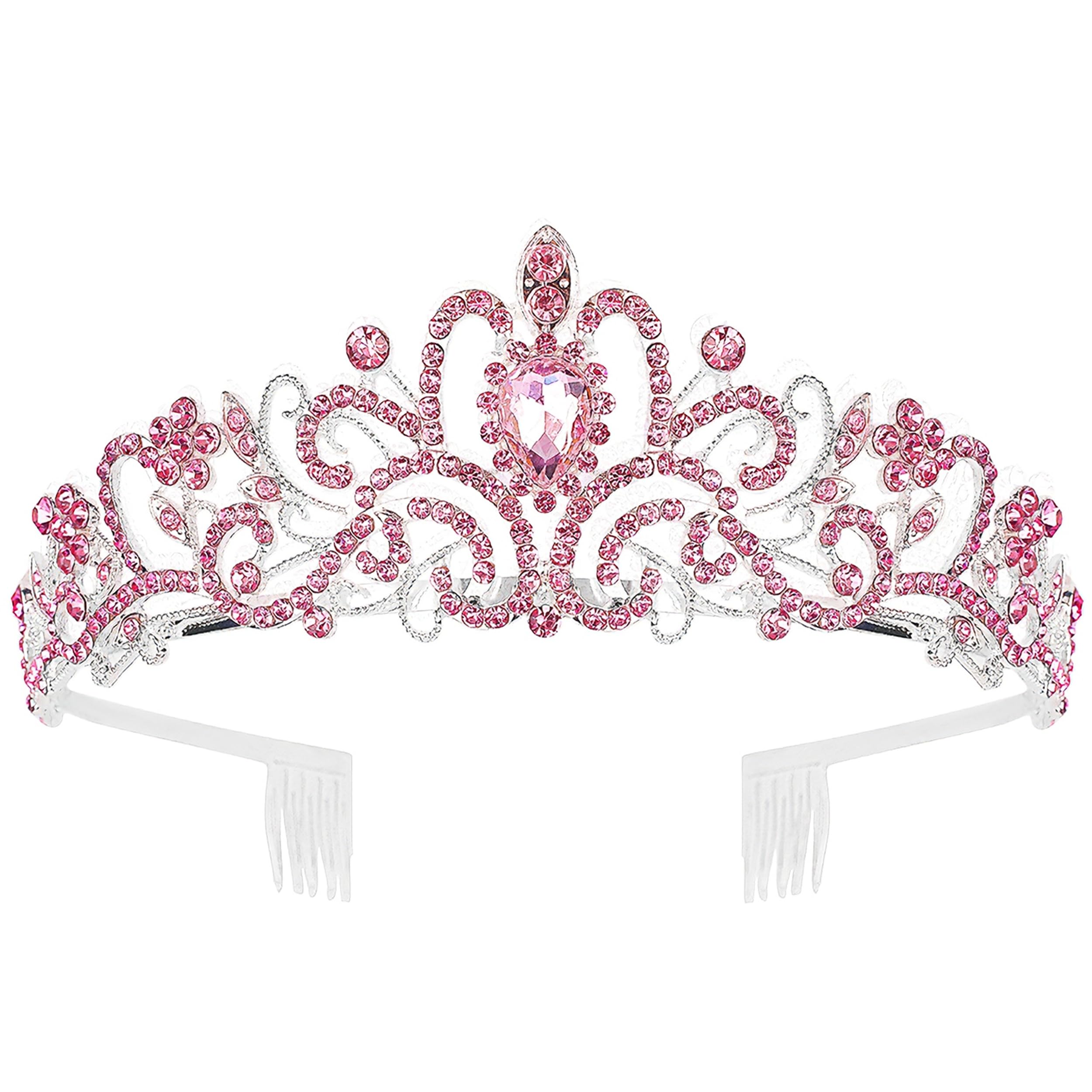 COCIDE front view of pink tiara set showing five crowns and combs for matching looks