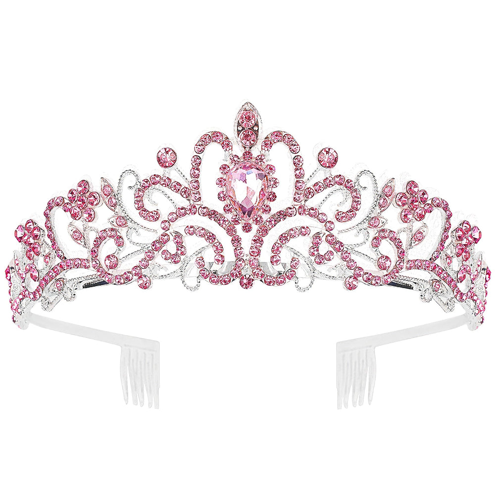 COCIDE front view of pink tiara set showing five crowns and combs for matching looks