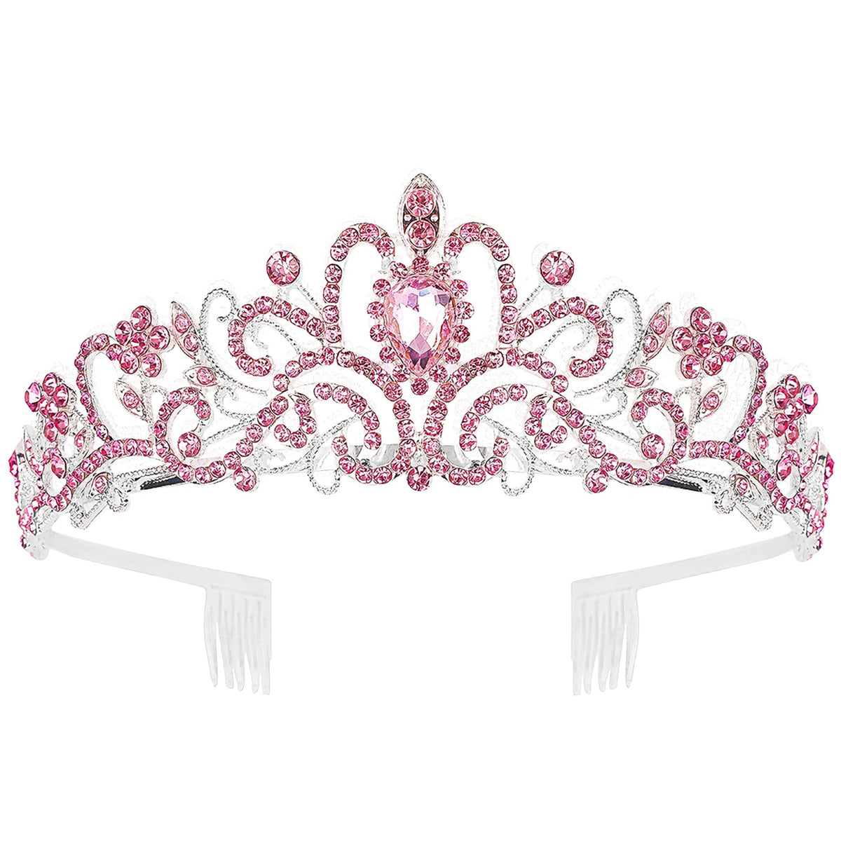 COCIDE front view of pink tiara set showing five crowns and combs for matching looks